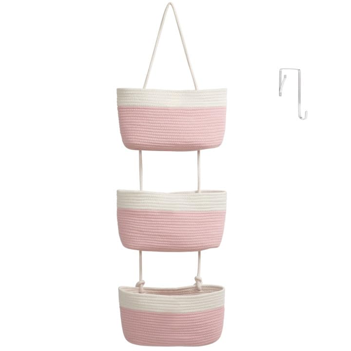 TeoKJ Over the Door Hanging Basket, 3-Tier Woven Cotton Wall-Mounted Storage Organizer Bag Decorative Hanging Nursery Baskets, Pink & White - color: Pink & White