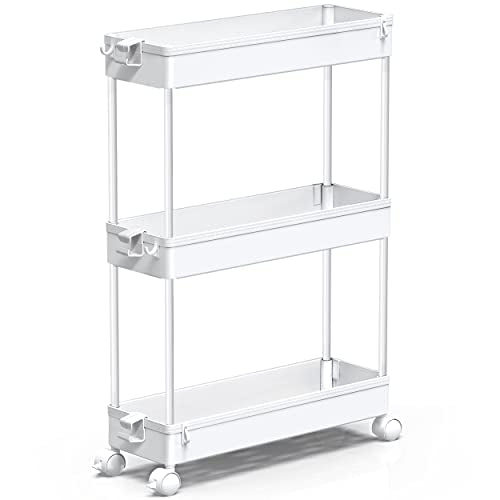 SPACEKEEPER Slim Rolling Storage Cart, 3 Tier Bathroom Storage Organizer Laundry Room Utility Cart Mobile Shelving Unit, Multi-Purpose for Kitchen Office Bathroom Laundry Narrow Places, White - color: White