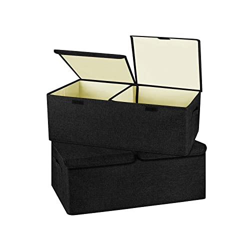 2 Pack Large Linen Fabric Collapsible Storage Bins with Lid and Handles, Washable Storage Box Baskets Cube with Removable Divider for Bedroom,Closet,Office,Living Room,Nursery (Black, Small) - color: Black, size: Small