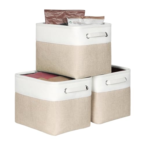 Kntiwiwo Foldable Storage Bin Collapsible Fabric Storage Basket Cube with Durable Handles Closet Organizer Bins for Organizing Shelves Drawers, Set of 3, 12" x 10" x 9.5", Beige - color: Beige, size: 12" x 10" x 9.5"