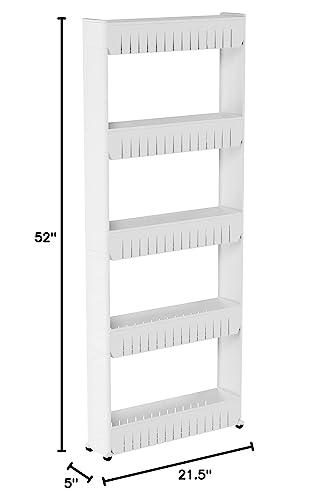 Slim Rolling Storage Cart - 5-Tier Utility Cart with Wheels for Bathroom, Kitchen, and Laundry Room - Bathroom Shelves by Lavish Home (White) - size: 5-Tier