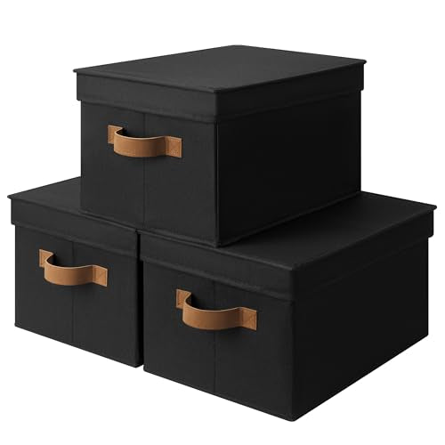 StorageWorks Black Storage Bins with Lids, Decorative Storage Boxes with PU Handles, Foldable Storage Baskets for Closet, Shelves, Stackable, Large, 3-Pack - color: Black, size: Large