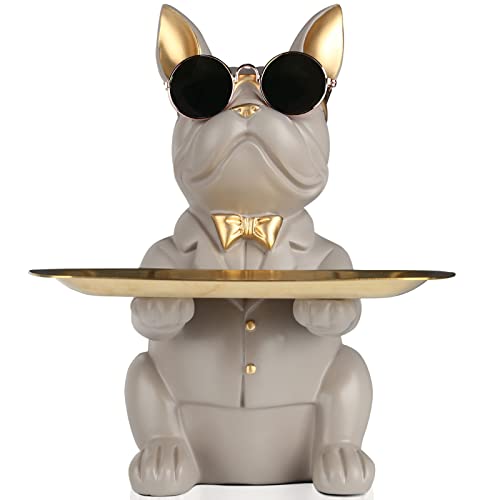 Modern Decor Resin Gray Bulldog Tray Statue Tray Storage Key Holder Candy Jewelry Earrings Tray Suitable for Home Decor Modern Art Dining Table Decor Office Small Object Tray (Gray) - color: Gray