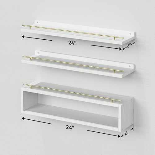 WOPITUES Floating Shelves for Wall 24 inch with Cube Shelf, Wall Shelves with Metal Rail for Decor, Bathroom Organizers and Storage, Over Toilet Shelves for Bathroom, Toilet Paper-White&Gold - color: Gold & White, size: 23.6 inch