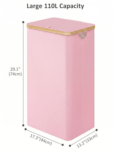 iEGrow Laundry Hamper with Lid, 110L Large Laundry Basket with Handle and Lid, Collapsible Clothes Basket Organizer with Removable Inner Bag for Clothes Towels,Pink - color: Pink, size: 110L