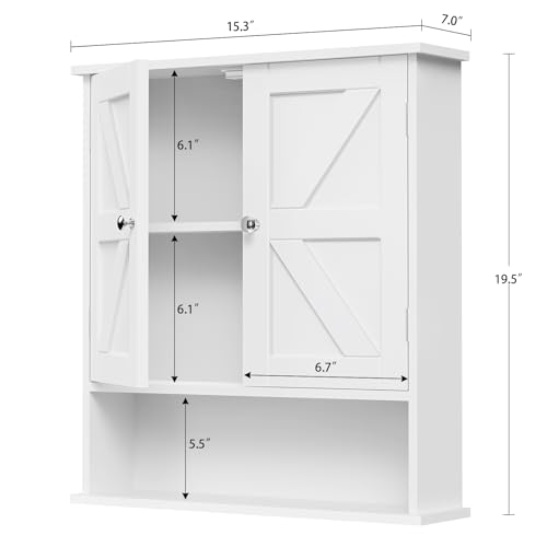 TEENFON Bathroom Wall Cabinet, Over The Toilet Space Saver Storage with Barn Doors & Adjustable Shelf, Hanging Medicine Cabinet, White 7.1" D x 15.4" W x 19.3" H - color: White
