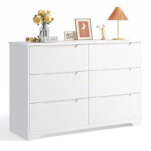 Gizoon 6 Drawer Double Dresser for Bedroom with Anti-Tip Design, Modern Wide Wooden Chest of Drawers with Cut-Out Handles, Closet Storage Organizer and TV Stand for Living Room, Hallway, Entryway - color: White, size: 15.7"D x 47.3"W x 31.5"H (6 Drawers)