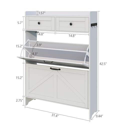 Viaozutis Shoe Cabinet with 2 Flip Drawers & 2 Storage Drawers, Space-Saving Shoe Storage Cabinet with Adjustable Shelf for Entryway or Hallway, Farmhouse Shoe Organizer Holds Up to 20 Pairs White