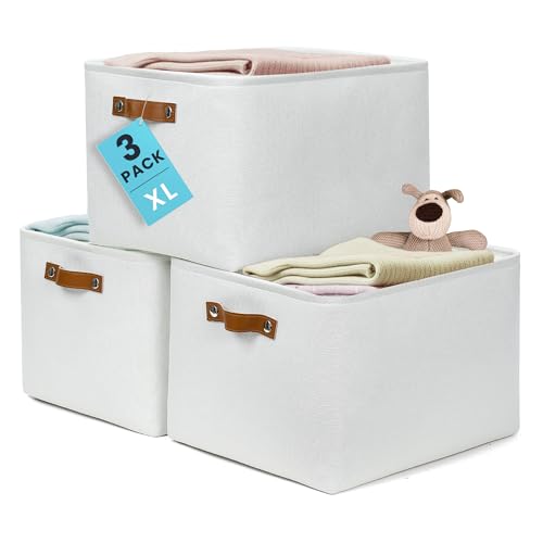OrganiHaus Extra Large Fabric Storage Baskets for Shelves 3 Pack, 16x13in Closet Storage Bins, Canvas Baskets for Organizing, Linen Closet Organizers, Cloth Basket, Off-White - color: Full Off-White, size: Extra Large - 3pc