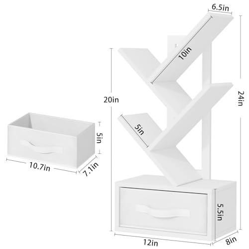 SHEEPAM Small Bookshelf with Drawer,4 Tier Tree Book Shelf,Wood Desk Bookshelves,Modern Free Standing Desktop Display Shelves,White Floor Standing Organizer Bookcase for Living Room,Bedroom,Office - color: Elegant White, size: 4 Tier
