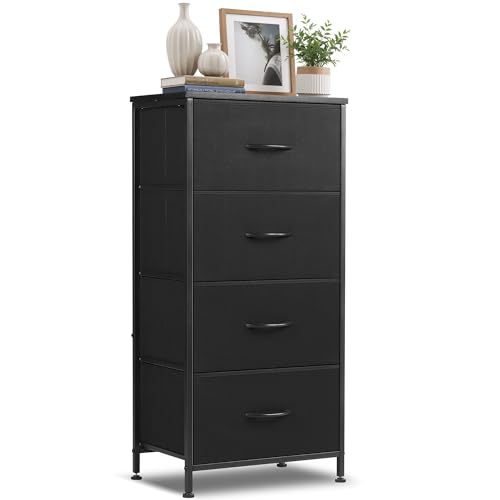 Nightstand Upgraded, 4 Drawer Dresser End Table Bedside Furniture with Wooden Top Steel Frame Fabric Bins for Bedroom, Closet, Entryway, Dorm, Living Room, Soft Black - color: Soft Black, size: 11.8"D x 17.7"W x 37.4"H (4 Drawers)