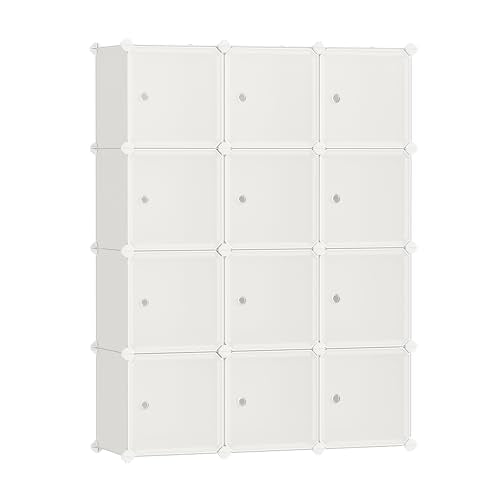 SONGMICS Cube Storage Organizer, Set of 12 Plastic Cubes, Closet Storage Shelves, DIY Plastic Closet Cabinet, Modular Bookcase, Shelving with Doors for Bedroom, Living Room, Cream White ULPC342W02 - color: White, size: 12 Cubes, style: with doors