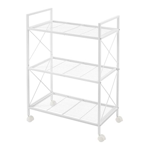 SONGMICS 3-Tier Metal Storage Rack with Wheels, Mesh Shelving Unit with X Side Frames, 23.6-Inch Width, for Entryway, Kitchen, Living Room, Bathroom, Industrial Style, White UBSC163W01 - color: White, size: 23.6"W