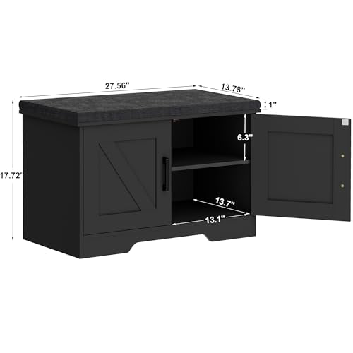 HOMSHO 2-Tier Storage Bench, 27.6" Wide Shoe Bench with Padded Seat Cushion, Entryway Bench with 2 Barn Doors and Adjustable Shelf, Black - color: Black, size: 27.6" Wide