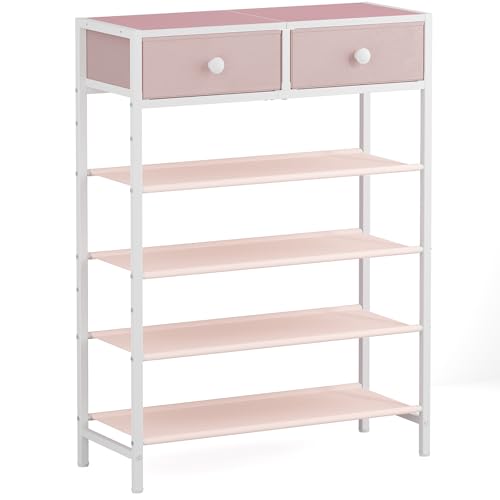 Shoe Rack, 5 Tier Shoe Organizer with 2 Drawers, Metal Shoe Storage for 16-20 Pairs of Shoes with Fabric Shelves and Wooden Top, Narrow Shoe Shelf for Closet Entryway Pink - color: Pink, size: 5 Tier(27.6 × 10.8 × 37.8)