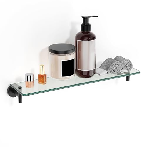 Glass Shelves for Bathroom,20-Inch Matte Black Floating Bathroom Shelf Stainless Steel Tempered Glass Shelf Modern Shelves Wall Mounted - color: Matte Black, size: 20"without railing
