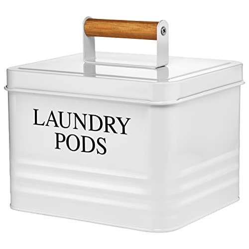 Calindiana Modern Farmhouse Metal Laundry Pods Holder Container with Lid for Laundry Room Decor and Accessories and Space Saving Organization and Storage, Holds 81 Laundry Pods, White - color: White