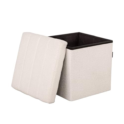 Seville Classics Cushioned Fabric Ottoman Hidden Storage Chest Footrest Chair, Padded Seat for Bedroom, Dorm, Loft, Living Room, Entryway, Hallway, White Boucle, 15.7" Cube - color: White Boucle, size: 15.7"D x 15.7"W x 15.7"H
