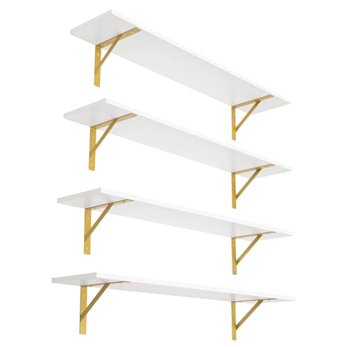 DINZI LVJ Long Wall Shelves, Set of 4, 39.4Inch Wall Mounted Shelves, Floating Shelves for Wall Storage with Metal Brackets, for Living Room, Bathroom, Bedroom, Kitchen, White and Gold - color: White+gold, size: 39.4 Inch (4 Pack)