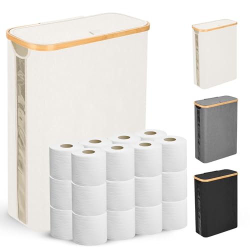 Odonata Large Toilet Paper Storage Basket with Lid, Slim Toilet Paper Organizer, Hold up to 20 Regular Rolls or 15 Mega Rolls. (Beige, 49L) - color: Beige