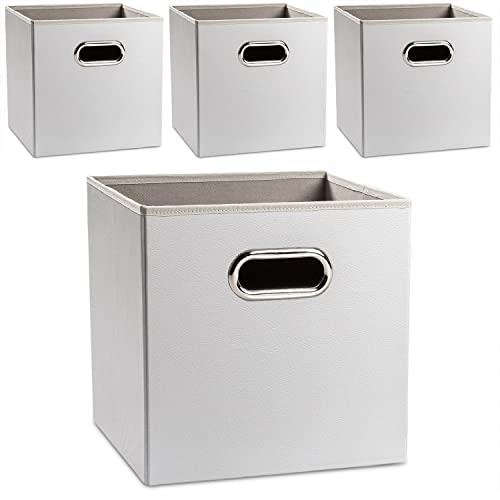 PRANDOM Leather Foldable Cube Storage Bins 11x11 inch [4-Pack] Fabric Storage Baskets Cubes Drawer with Cotton Handles Organizer for Shelves Nursery Closet Bedroom Clothes White - color: White, size: 11x11 in(4-Pack)