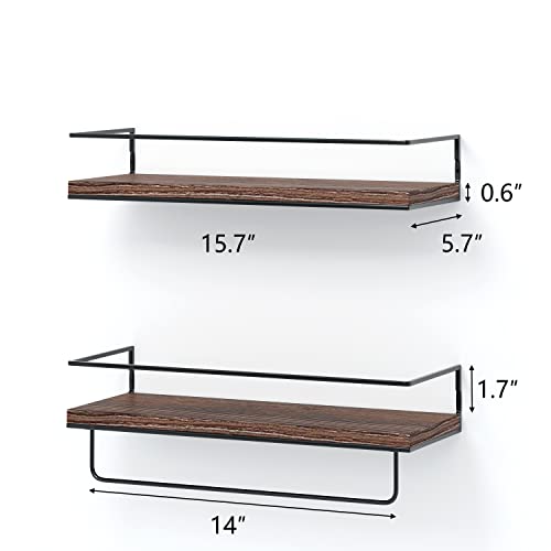 Shario Rustic Wood Floating Shelves - Set of 2, Wall Mounted Hanging Shelves with Black Towel Rack, Decorative Storage Shelves for Bathroom, Kitchen, Living Room & Bedroom (Dark Carbonized Brown) - color: Dark Brown
