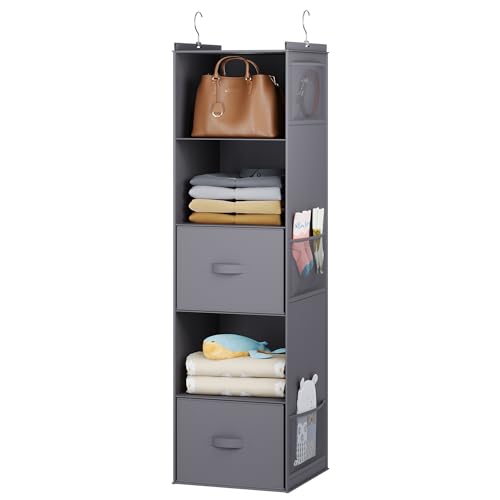 YOUDENOVA Hanging Closet Organizer, 5 Tier Hanging Closet Shelves with 6 Side Pockets and 2 Drawers, Grey - color: Grey