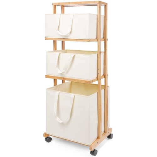 Homde Laundry Basket 3 Tier Bamboo Storage Shelf with Wheels Removable Container with Handle Freestanding Clothes Hamper Organizer for Bathroom Living Room Bedroom (Natural) - color: Natural