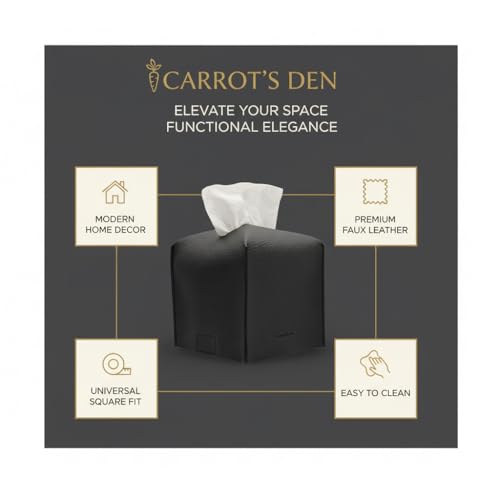 Tissue Box Cover Holder, Square with Bottom Belt by Carrot's Den - PU Leather Decorative Organizer for Tabletop, Bathroom, Car, Office | Black - color: Black