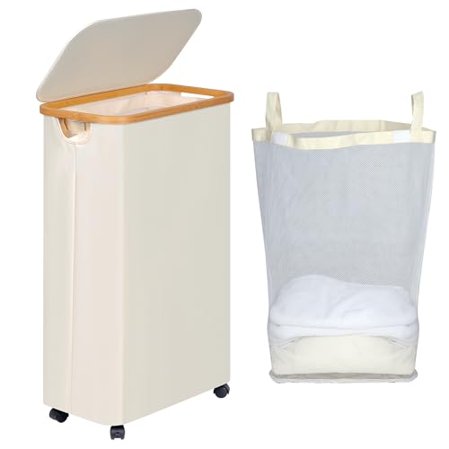 efluky Slim Laundry Hamper with Wheels, Narrow Laundry Basket with Lid and Removable Bag, Aesthetic Dirty Clothes Hamper on Wheels for Laundry Room, Bedroom, Dorm and Bathroom, 75L Beige - color: Beige, size: 75L