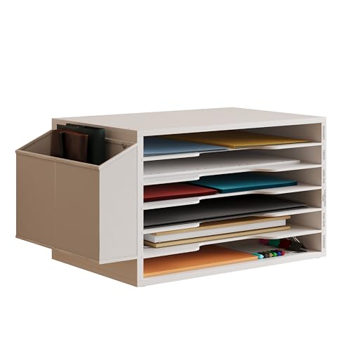 Unionly 12x18 Construction Paper Organizer,6-Tier Adjustable Literature Organizer,Large Wooden File Sorter with Side Pocket,Office Mailbox for Home,Classroom,Office (White, Large 6 Slots) - color: White, size: Large 6 Slots
