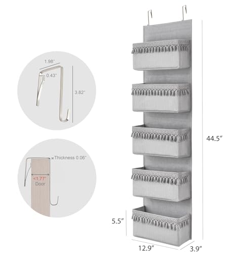 Dahey Over The Door Organizer Boho Nursery Storage Decor Closet Hanging Organizer with Tassels Decoration for Bedroom Nursery Bathroom Apartments Dorm Pantry, 5 Pockets, Grey - color: Grey, size: Large