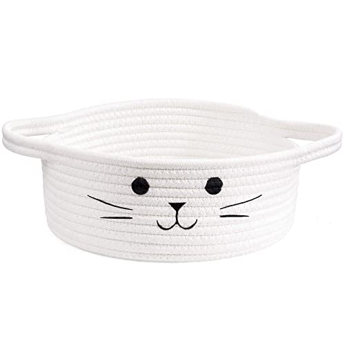 Small Woven Basket, Cute Cat Toy Basket for Living Room, Decorative Nursery Bin for Toys, Diapers, Empty Gift Baskets for Baby, White, 9.8 x 4 inches - color: White, size: 9.8"W x 4"H