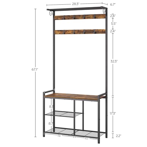 YATINEY Coat Rack Shoe Bench, 4-in-1 Hall Tree with Storage Shelves and Hanging Rod, Entryway Storage Organizer with 8 Movable Hooks, for Entryway, Hallway, Corridor, Rustic Brown and Black MT12BR