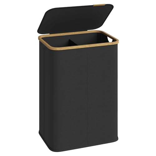 SONGMICS Laundry Hamper, Laundry Basket with Lid, Foldable Storage Basket, Bamboo Frame, for Bedroom, Living Room, Oxford Fabric, 37 Gal. (140 L), Ink Black ULCB519BH01 - color: Ink Black, size: 140 L (2-Section)