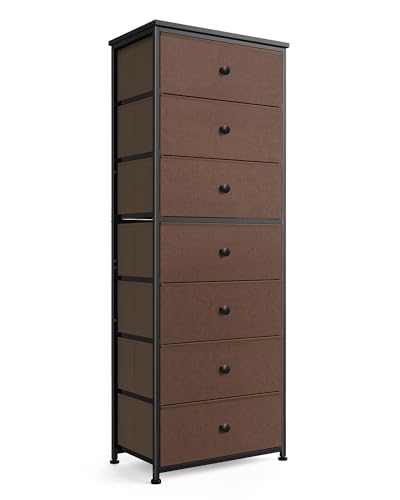 Mifuro Tall Fabric Dresser for Bedroom, Vertical Storage Organizer Tower with 7 Drawers, Chest of Drawers with Bins, Steel Frame, Wood Top for Bedroom, Closet, Entryway Grey - color: Brown, size: 7 Large Drawers
