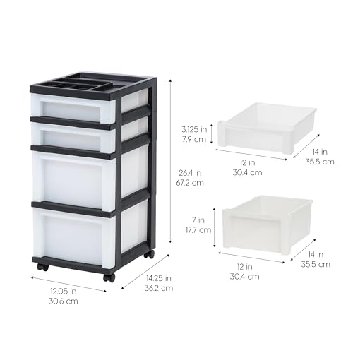 IRIS USA Plastic Drawer Storage Organizer Rolling Cart, with Wheels Casters, 4-Drawers, for Classroom Art Craft Supplies Dresser Closet Bathroom Laundry Room, Black/Pearl - color: Black, size: 4 Drawer with Wheels