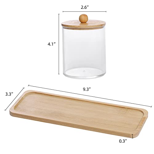 Tbestmax 10 Oz Cotton Swab/Ball/Pad Holder with Vanity Tray, Qtip Apothecary Jar, Clear Bathroom Containers Dispenser for Storage 3 Pack Wood Lids - color: Group A-beige Bamboo