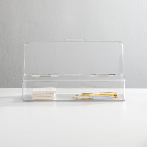 mDesign Office Supplies Desk Organizer Box with Lid for Staplers, Scissors, Pens, Sticky Notes, Highlighters, Tape - 3" Tall, Long, Clear - size: 5.75 x 13.4 x 3 (Pack of 1)