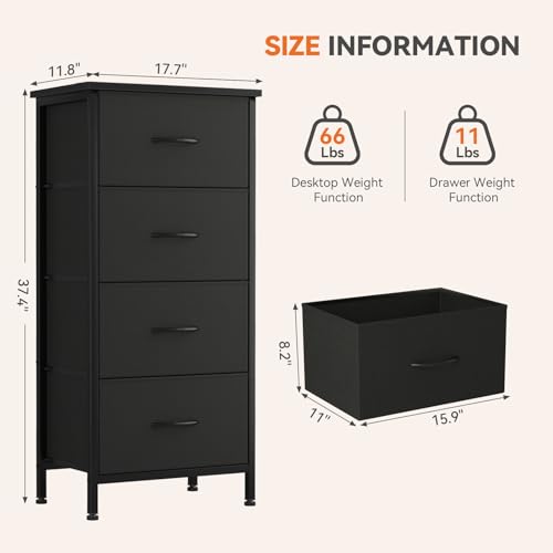 Sweetcrispy 4 Fabric Drawer Small Dresser, Bedside Nightstand with Wooden Top Sturdy Frame, Entryway Closet Bedroom Storage Cabinet Furniture for Dorm,Black - color: Black, size: 11.8"D x 17.7"W x 37.5"H (4 Drawers)