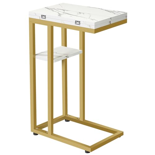 HOOBRO Foldable End Table, Gold C Shaped Side Table with Storage Shelf, Small Snack Table Suitable for Living Room Bedroom Small Spaces, Easy Assembly, Gold and Marble DM29SF01 - color: Marble + Gold