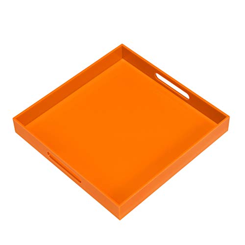 KEVLANG Orange Sturdy Acrylic Serving Tray with Handles-12x12Inch-Serving Coffee,Food,Breakfast,Butler-Kitchen Countertop Tray-Makeup Drawer Organizer-Vanity Table,Ottoman Tray-Decorative Tray - color: Glossy Orange, size: 12" x 12" x 2"
