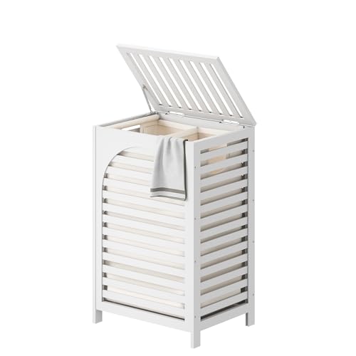 FILWH Laundry Hamper with Lid (16.9 * 13 * 26.5inches) Large Bamboo Laundry Bin Basket 85L Clothes Hamper with 1 Removable Bag Storage baskets for Bathroom (White) - color: White