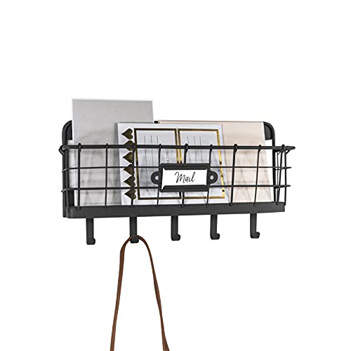 Spectrum Key Holder Wall Mount Mail Organizer for Entryway Office Kitchen Bedroom Storage Organization, Vintage Living Industrial Gray Wire Hanging Key Hook Mail Storage Rack Easy to Mount Basket