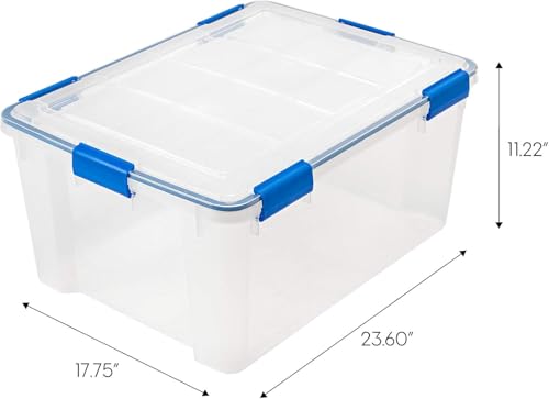IRIS USA WeatherPro 60 Qt Storage Bins with Lids, 3 Pack, BPA-Free Plastic Gasket Box with Tight Latch and Seal, Stackable Nestable Tote Tub - Clear/Blue - size: 60 Qt. - 3 Pack