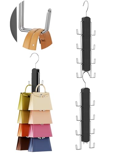 NiHome Wooden Purse Organizer for Closet, 8 Extra-Wide Metal Hooks Handbag Hanger, Space-Saving Hanging Bag Holder & Purse Rack for Closet Organization (Black, 2 Pack) - color: Black, size: 2 Pack