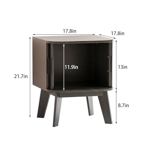 Fluted Nightstand with Sliding Tambour Doors, Curved Edge Wood Bedside Table for Bedroom, Side Tables with Storage for Living Room (1, Square - Black) - color: Square - Black