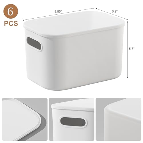 6 Pack White Storage Bins with Lids Stackable Storage Container for Organizing, Small Storage Boxes with Handle for Shelves, Cute Organizer Bins for Craft, Snacks, 9.85x6.9x5.7 inch - color: White, size: 6 Pack