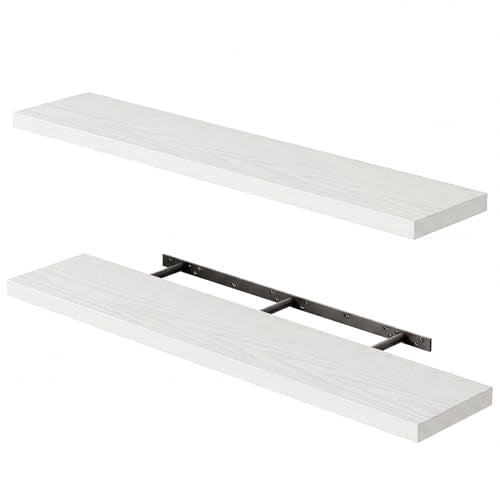 Fixwal Floating Shelves for Wall, 47" Long Heavy Duty Wall Mounted Rustic Wood Shelves for Living Room, Bedroom, Bathroom and Kitchen, for Storage, Books, Room Decor (White, Set of 2) - color: White, size: 47in