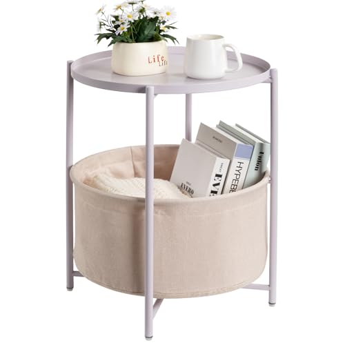danpinera Round Side Table with Fabric Storage Basket, Metal Side Table Small Bedside Nightstand with Removable Tray Top for Living Room, Bedroom, Nursery, Laundry, Light Violet - color: Light Violet